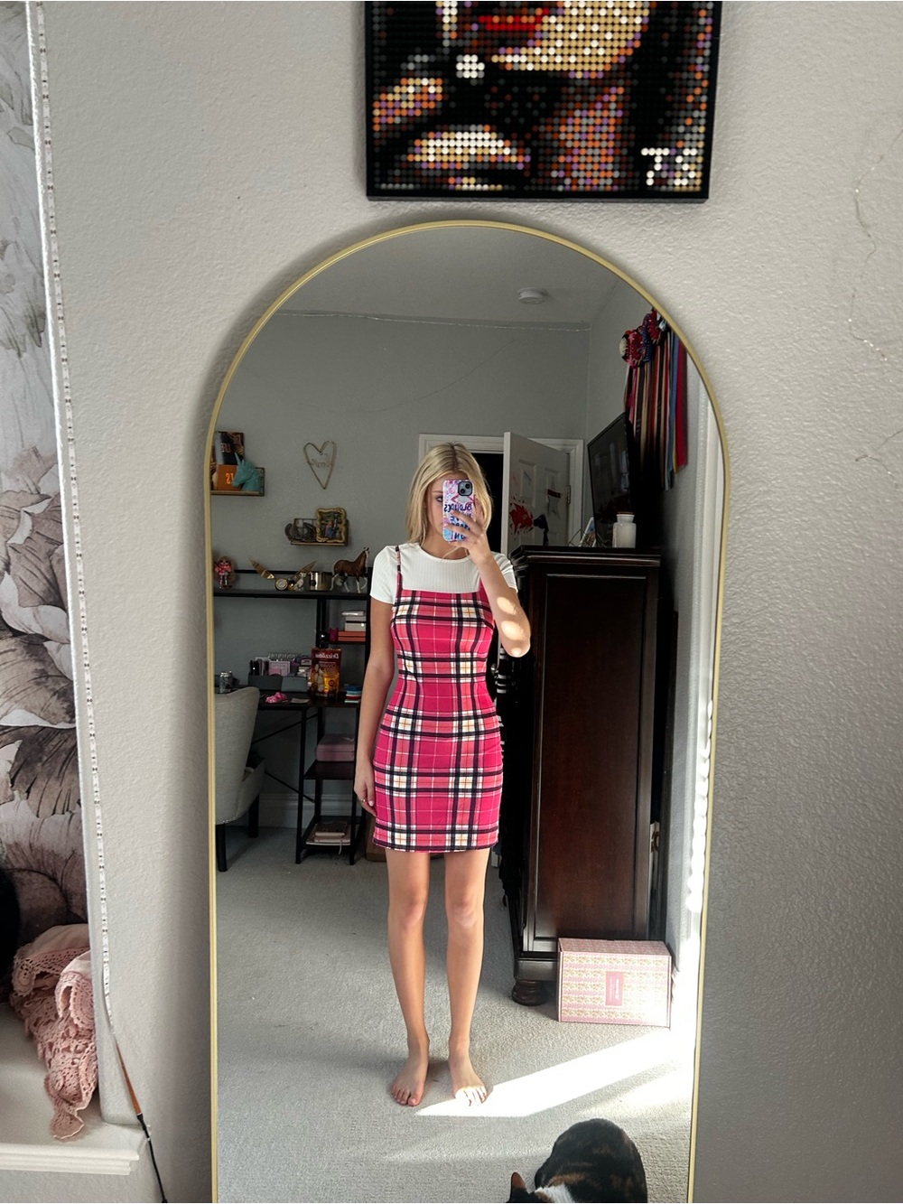 Pink Plaid Mini Dress with White T-Shirt Layered Look